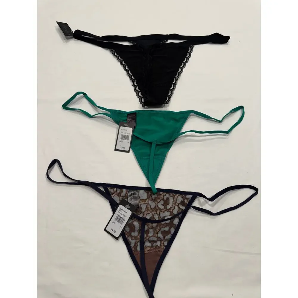 NWT Frederick's of Hollywood Thong String Panties 1X Black‎ Leopard Green LOT 3